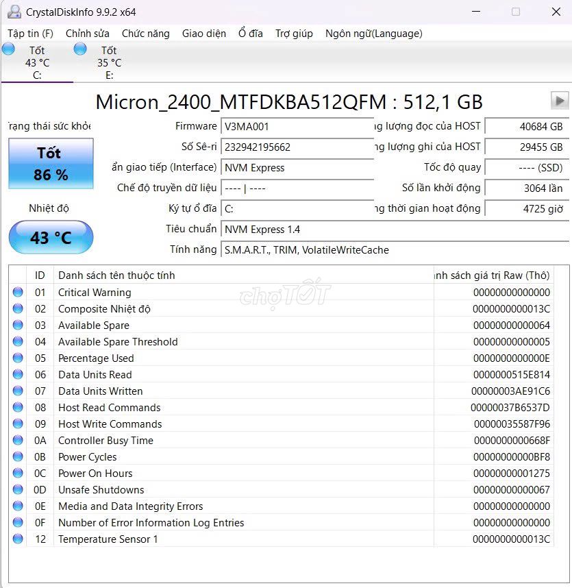 SSD Micron 2400 NVMe Gen4x4 512GB 86%