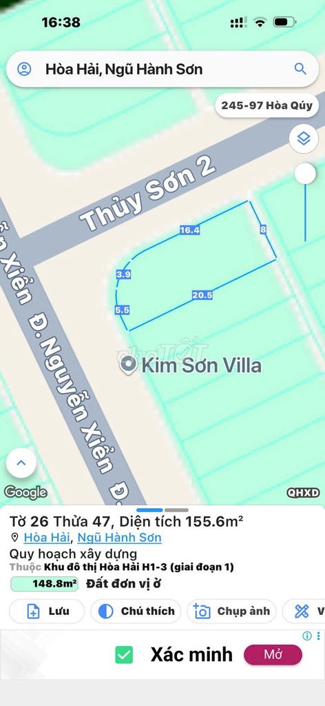 157m2/15 tỷ. Đất 2 mặt tiền, đường Nguyễn Xiển và Thủy Sơn 2. Sát bãi tắm