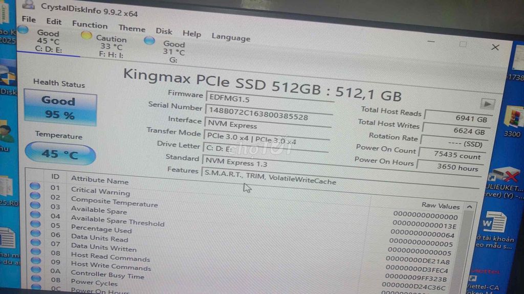 Фото 2: SSD Kingmax 512GB M.2 PCIe NVMe 95%