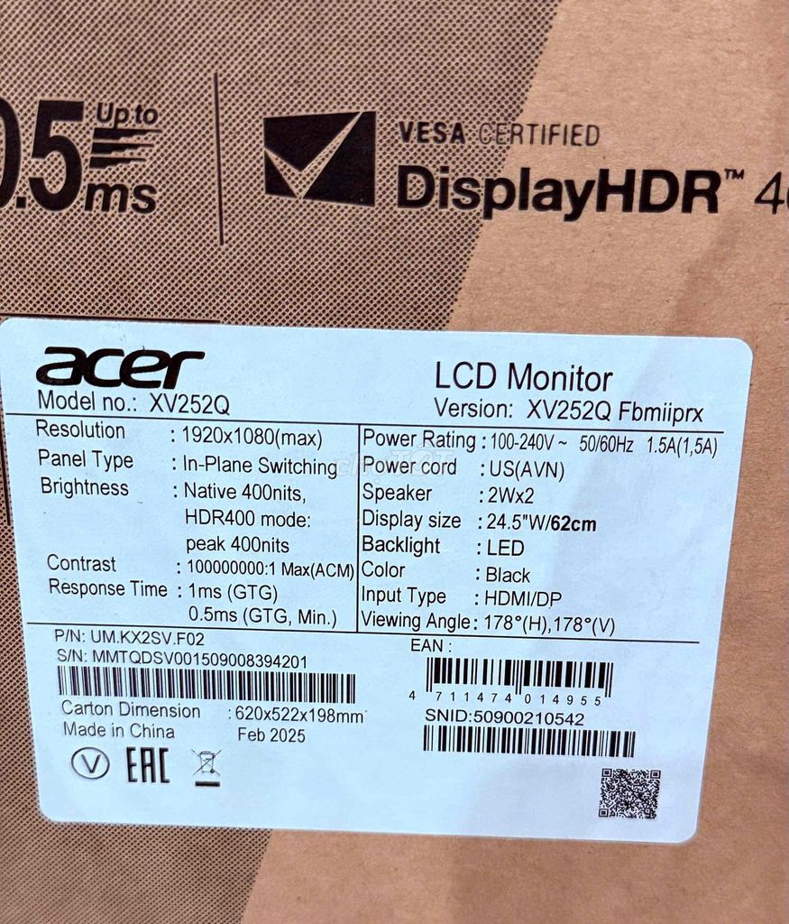 Фото 2: Acer XV252Q 24.5 inch IPS 0.5ms Đen