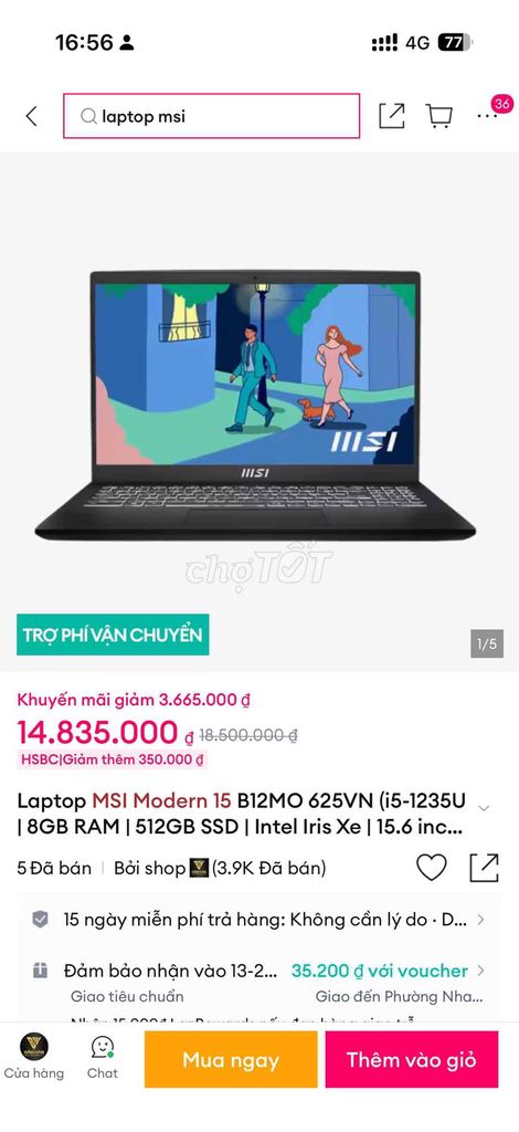 MSI Modern 15 B12MO i5-1235U 15.6 дюймов 8ГБ/512ГБ