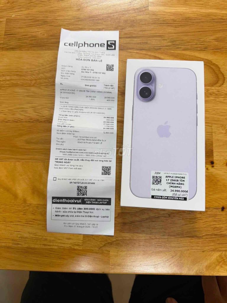iPhone 17 tím 256GB, mới mua hôm qua, chưa dùng