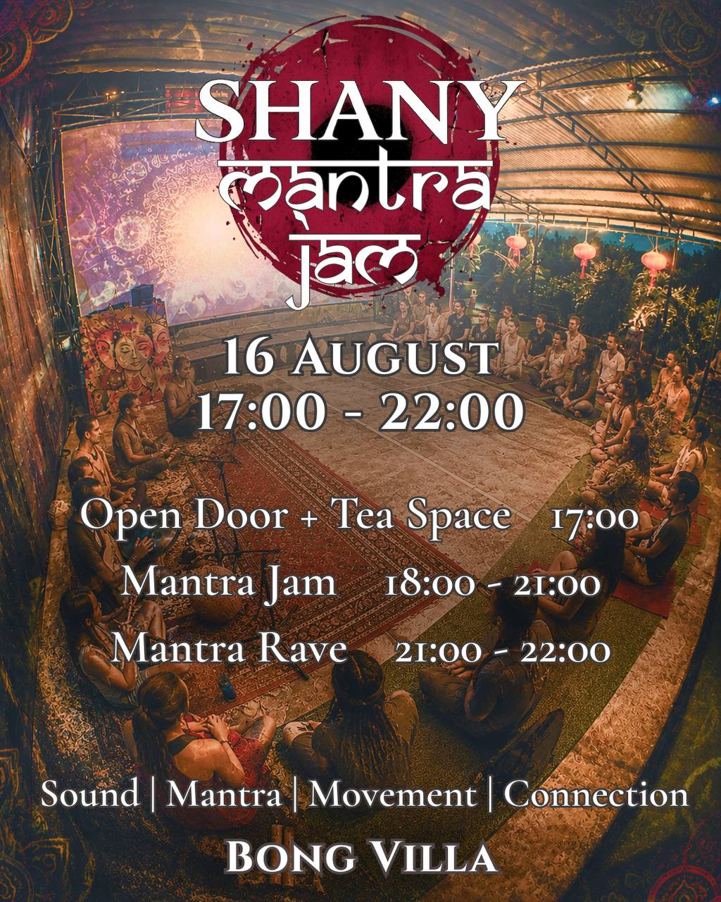 Анонс мероприятия SHANY MANTRA JAM & RAVE, которое состоится 16 августа.