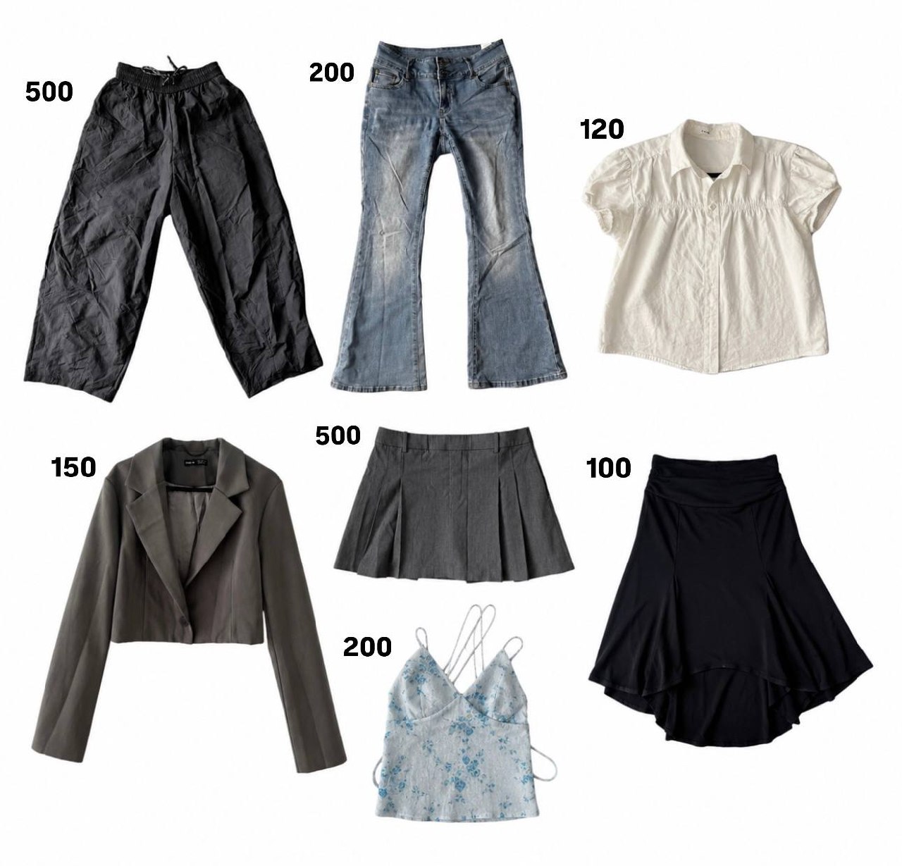 Продаются вещи: серые винтажные брюки 500к, скинни клеш джинсы 200к, белая рубашка…