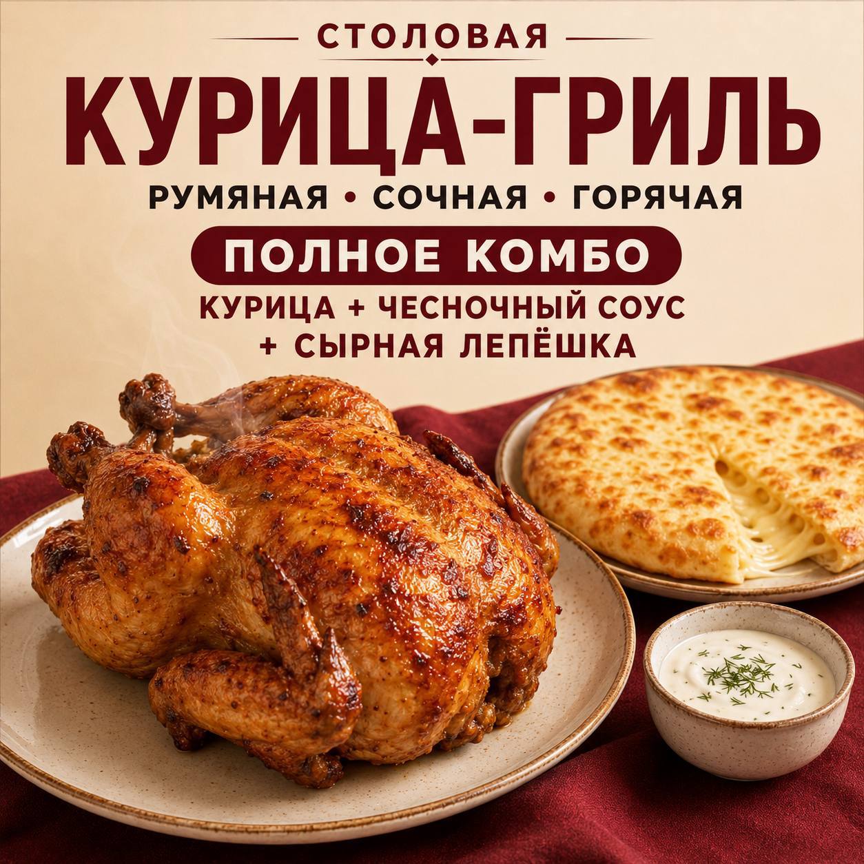 Предлагается доставка горячей курицы-гриль и комбо с сырной лепёшкой…