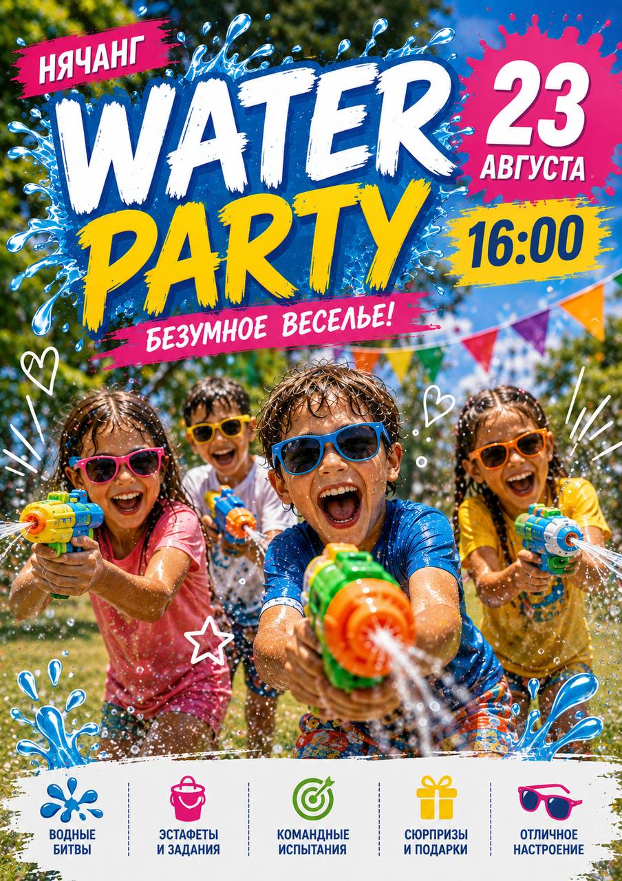 Сегодня, в воскресенье 23 августа в 16:00, состоится весёлая водная вечеринка для детей.