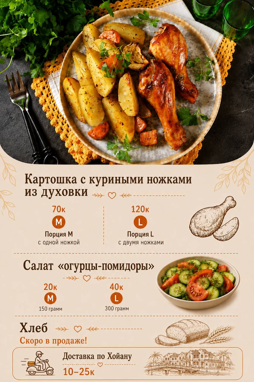 Предлагается заказать запеченную картошку с курицей в сметанно-майонезном соусе.