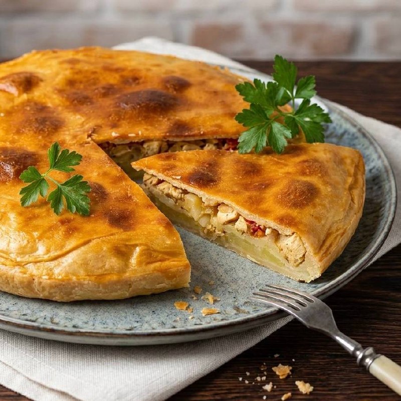 Предлагаем фирменный курник — домашний пирог с курицей, картофелем и томатами.