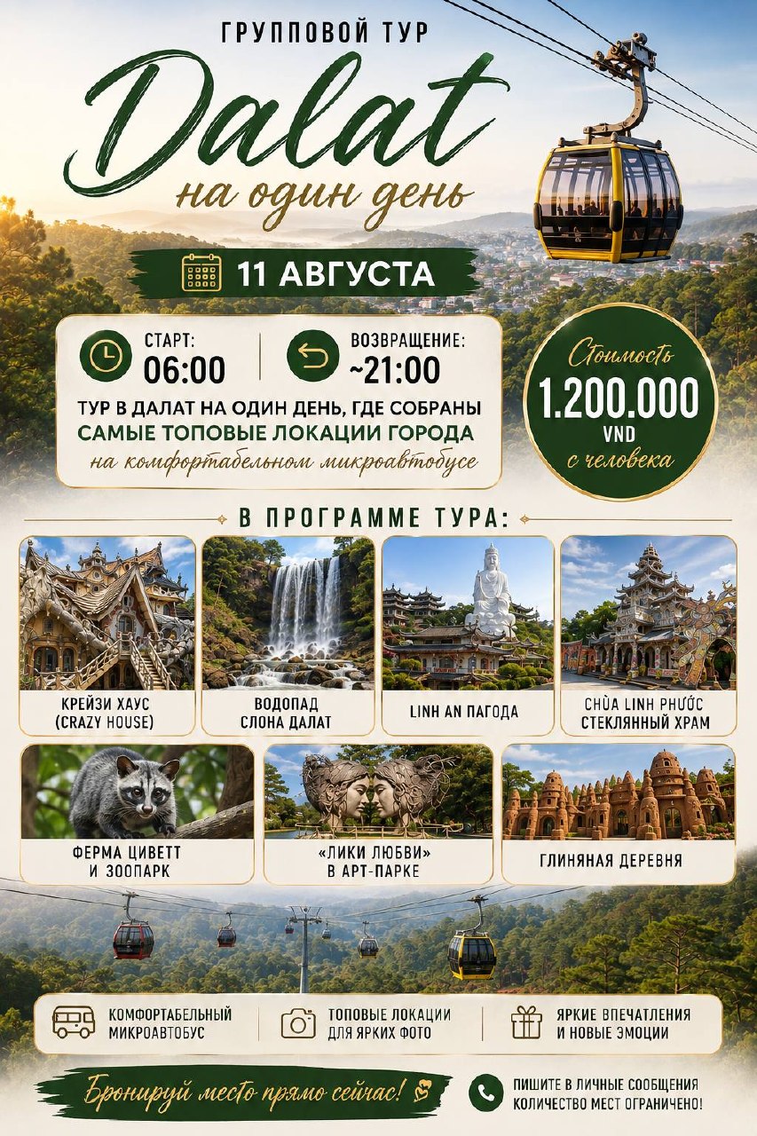 Однодневный тур по Далату с посещением знаменитых локаций, водопада, храмов и Crazy…