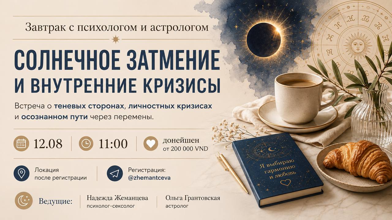 Встреча с психологом и астрологом, посвящённая солнечному затмению и внутренним кризисам.