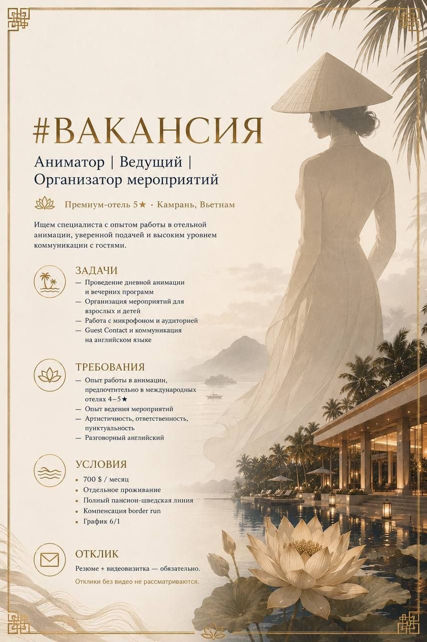 Премиум-отель 5★ в Камрани ищет аниматора, ведущего и организатора мероприятий.