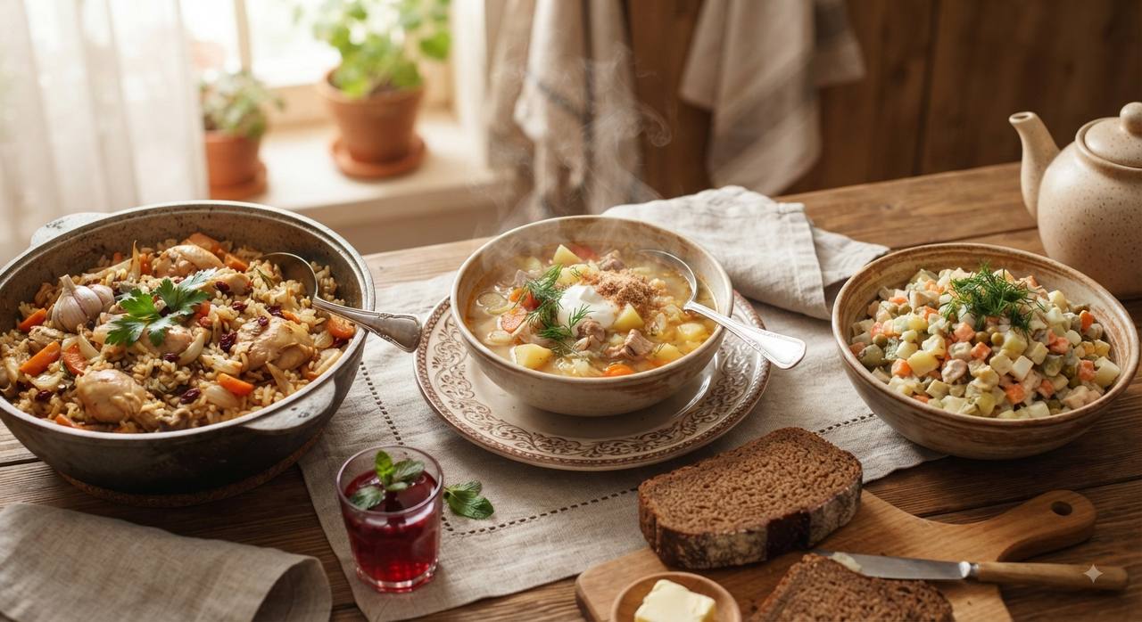 Домашняя русская кухня: щи, плов из казана, оливье