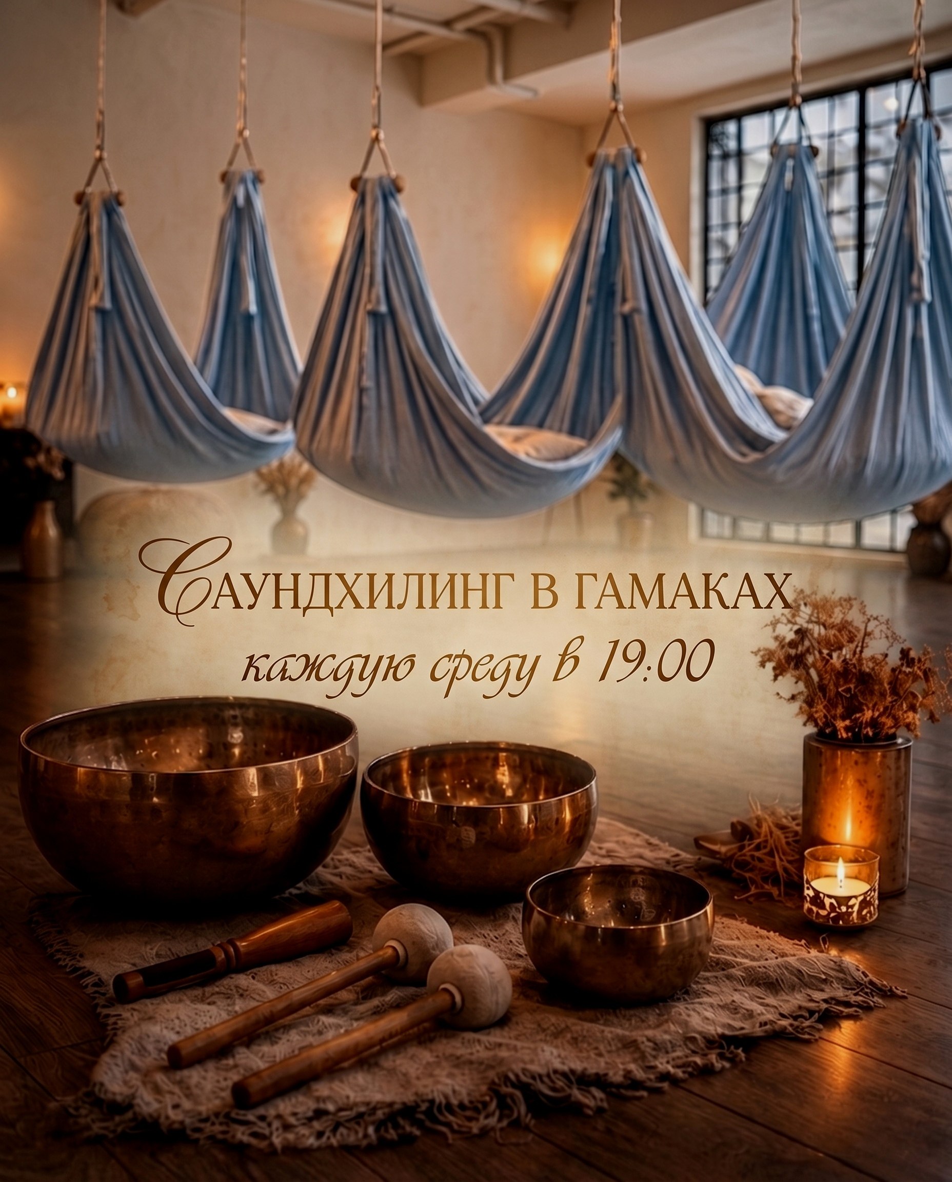 Приглашение на практику саундхилинга в гамаках под звуки поющих чаш и ханга.