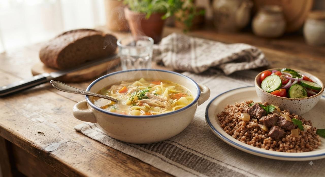 Предлагаются блюда домашней кухни: куриный суп с лапшой, гречка по-купечески, свежие…