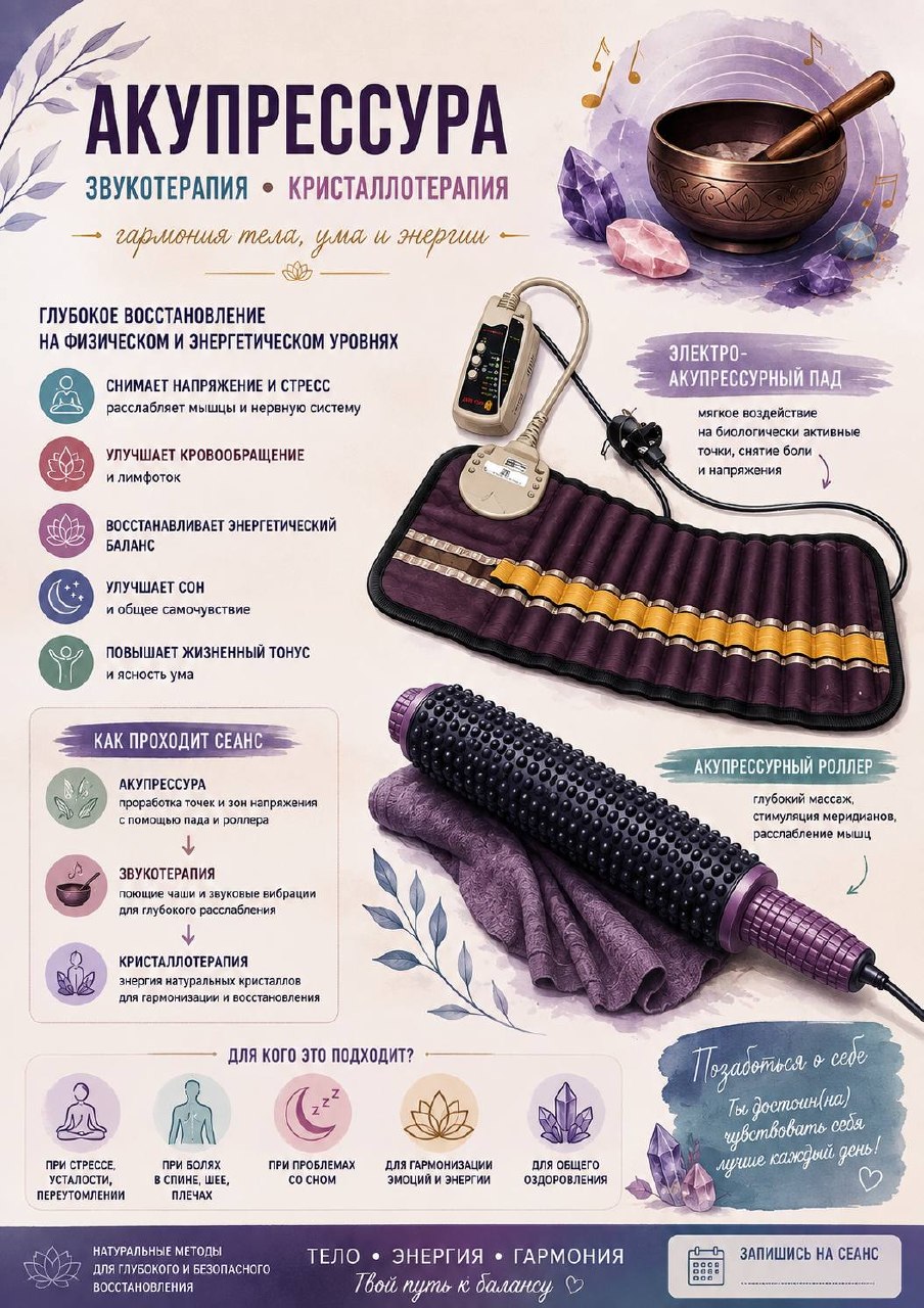 Предлагается сеанс акупрессуры, звукотерапии и работы с кристаллами для расслабления и…