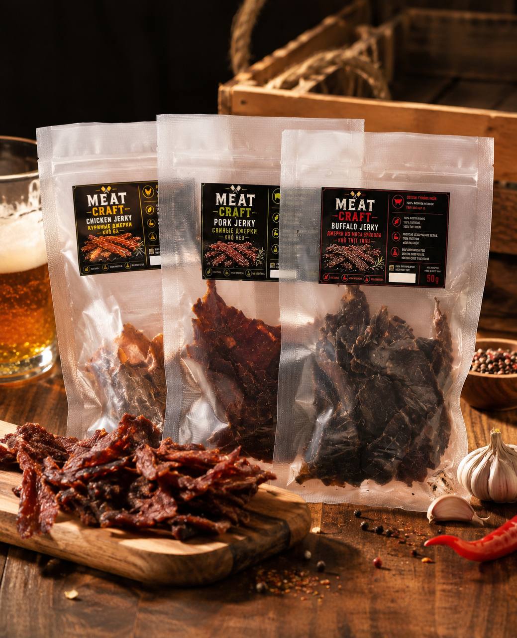 Предлагается партия домашнего джерки: курица (50 г) за 40 донгов, свинина (50 г) за 50…