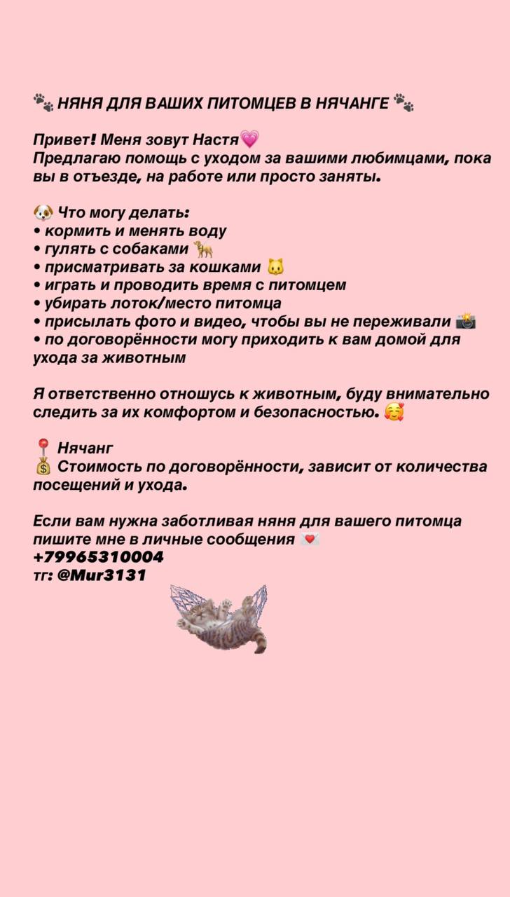 Предлагаю услуги няни для животных