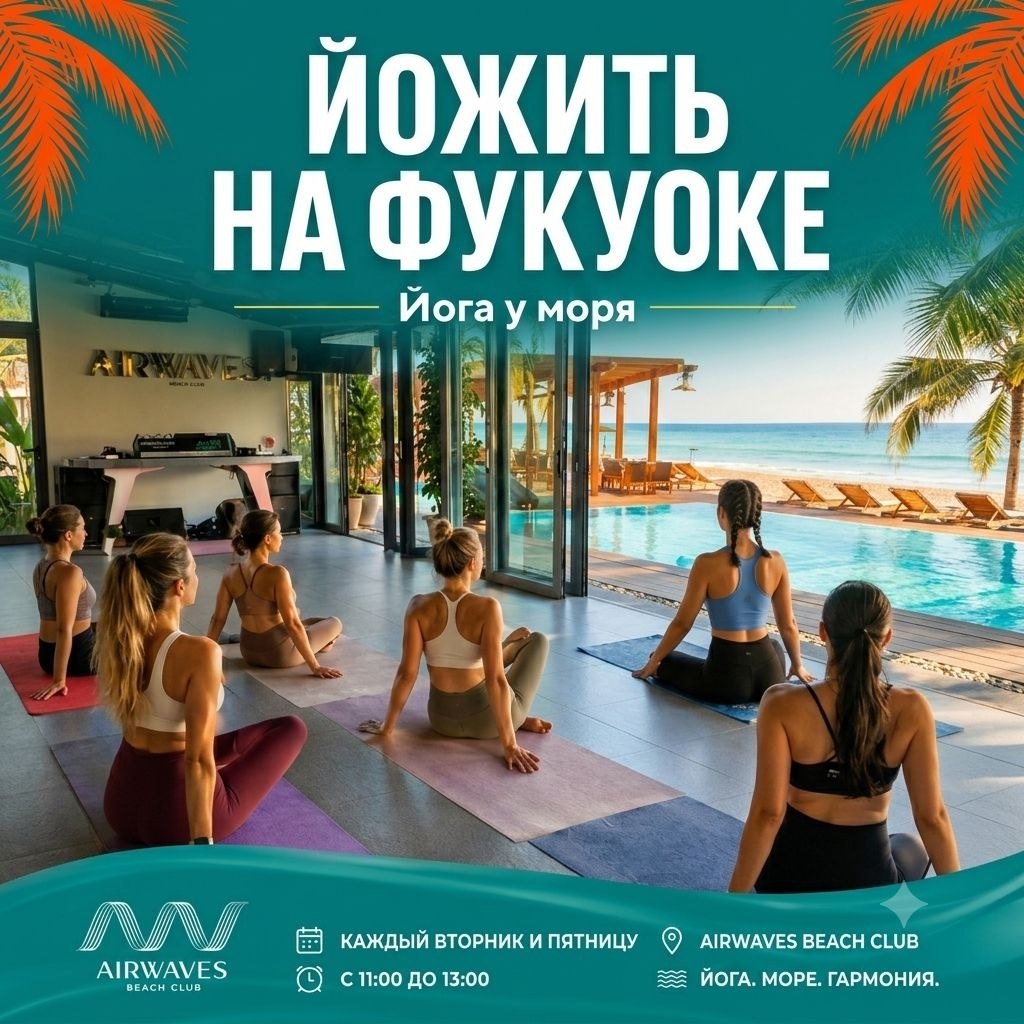Регулярные занятия йогой у моря в Airwaves Beach Club на Фукуоке