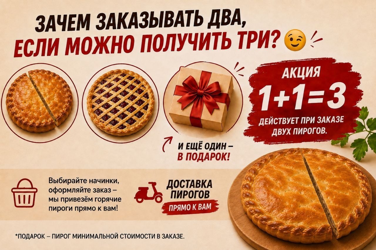 Предлагаем пироги ручной работы с акцией 1+1=3