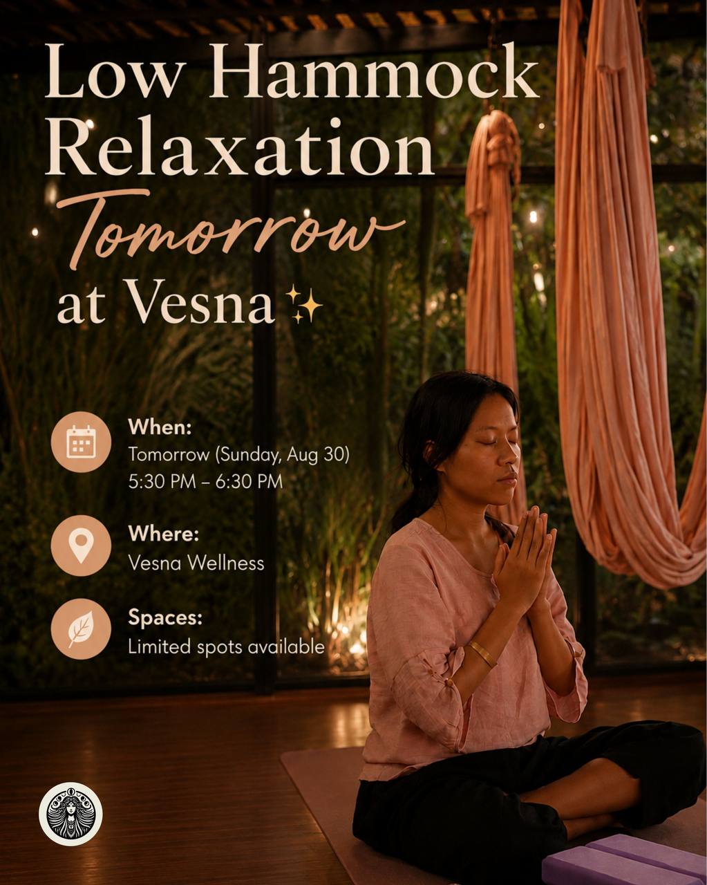 Завтра вечером в Vesna Wellness пройдет расслабляющая практика Low Hammock Relaxation в…