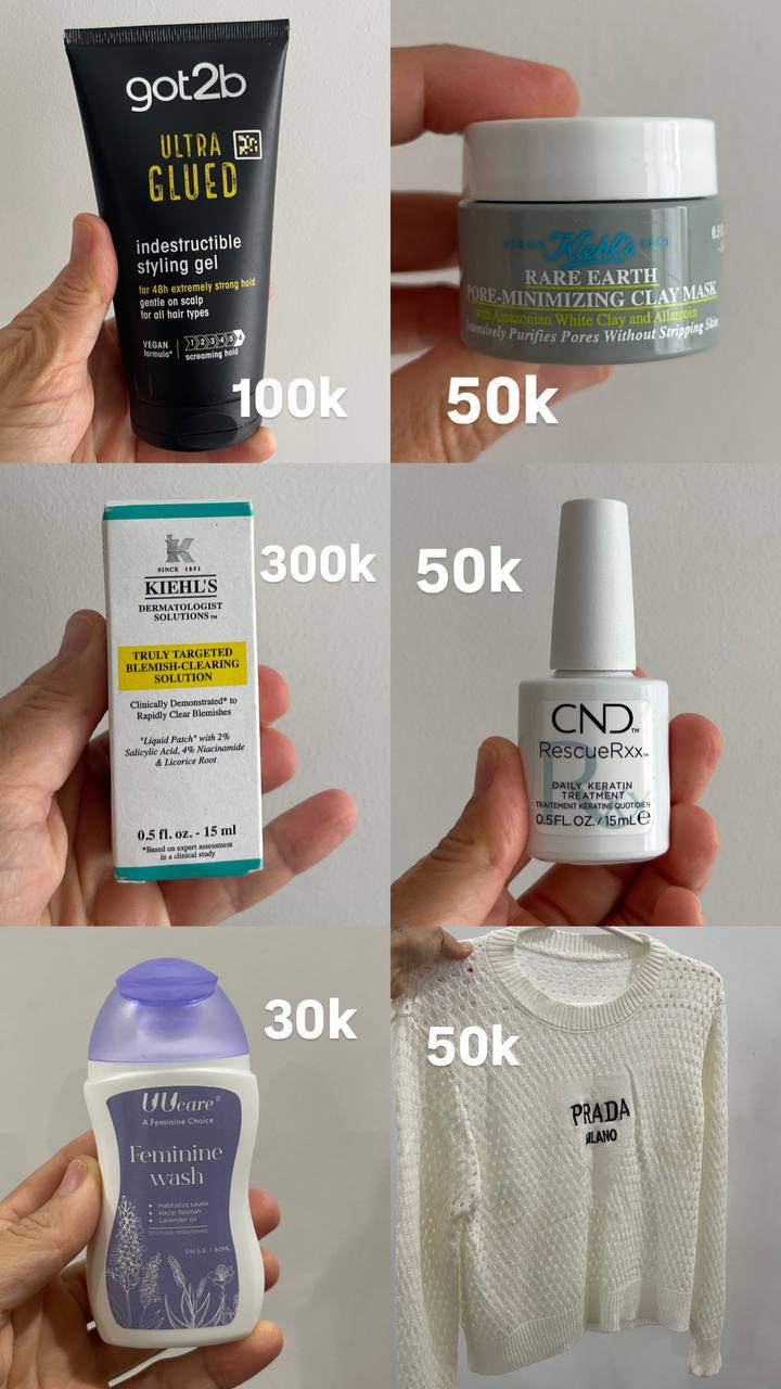 Продаются новые и б/у товары: гель для волос (100к), глиняная маска Kiehl's (50к)…