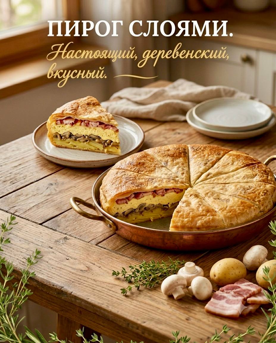 Новинка в меню — деревенский пирог слоями с картофелем, грибами, яйцом и беконом.