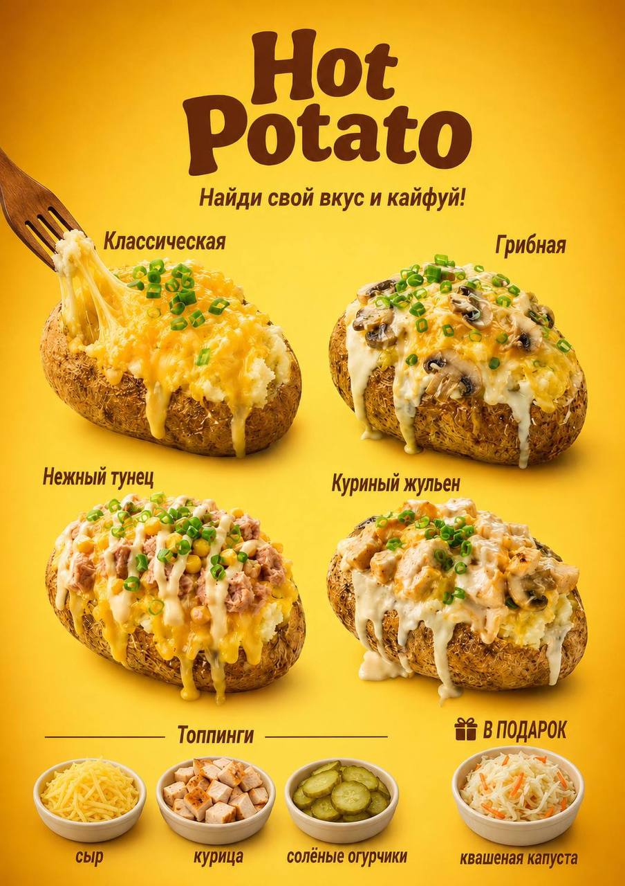 Продажа горячего картофеля с различными начинками: классика, тунец…