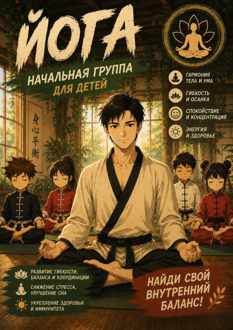 Набираются две группы детей 8-15 лет на занятия кунг-фу и йоги