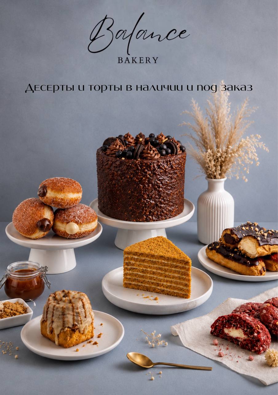 Пекарня Balance Bakery предлагает десерты: медовик, эклеры и другое.